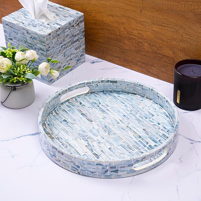 CLAYNIX Serving Tray 12.5 Inch, Wooden Lacquer Tray with Mother of Pearl Inlay, Elegant Tea & Breakfast Tray with Handles (Round)