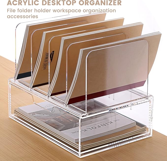 Desk Organizers and Accessories, Acrylic Desk Organizer with Drawer, Office Supplies Organization Storage, Clear Acrylic File Organizer for Desk - 1 Pack