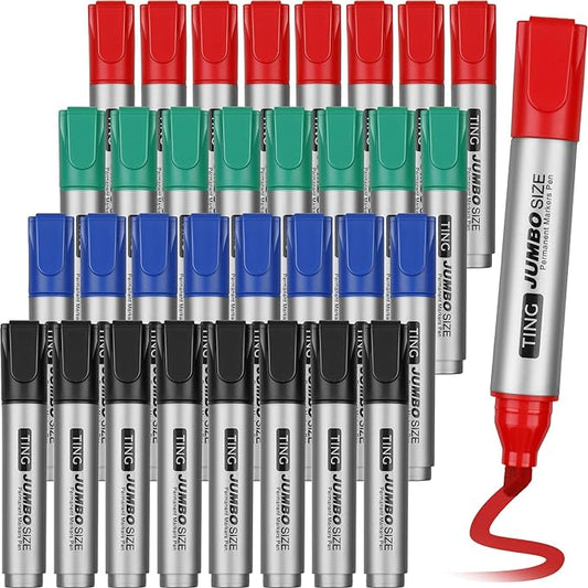 Fuutreo 32 Pcs Jumbo Permanent Markers Bulk Large Chisel Tip Permanent Markers Waterproof Jumbo Pens Quick Drying Office Teacher Supplies(Black, Green, Blue, Red)