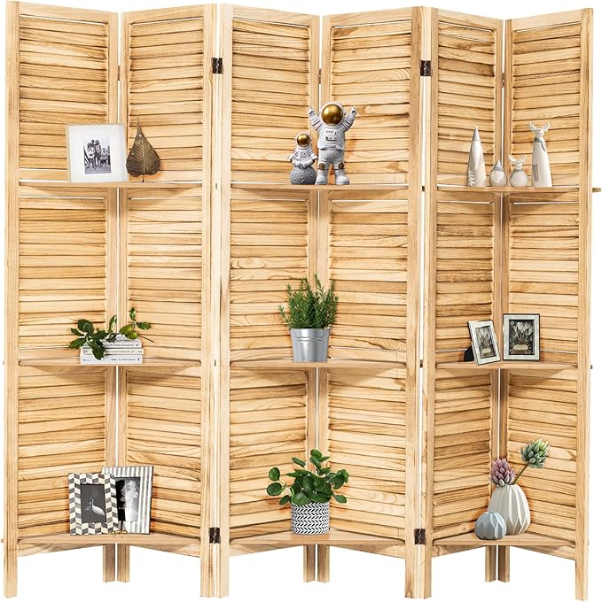 NicBex 6 Panel Room Divider,5.6FT Wood Carved Room Dividers with Display Shelves Folding Privacy Screens Portable Freestanding Partition Wall Dividers for Room Separation, Bedroom Office,Natural Wood