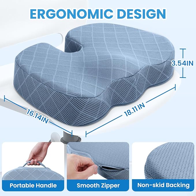 TushGuard Office/Car Seat Cushion, Non-Slip Sciatica & Back Coccyx Tailbone Pain Relief Chair Pad, Memory Foam Butt Pillow for Computer Desk, Wheelchair, Driving (Light Blue, X-Large)