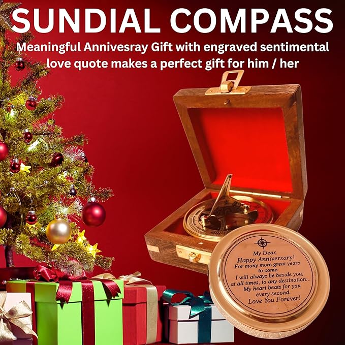 Anniversary Sundial Gift for Him or Her Sundial Clock Compass - Unique Gift for Husband or Wife, Men 1st Wedding Anniversary 50th 40th 25th 20th Year Celebration (Anniversary Sundial Wood Box)