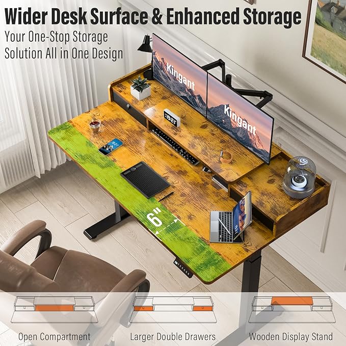 Standing Desk with Drawers,Thickened Table Legs Sit Stand Desk Electric for Home Office & Gaming,Ergonomic Stand Up Desk Cable Management Tray(Classic Black) (Rustic Brown, 48″ x 30″)