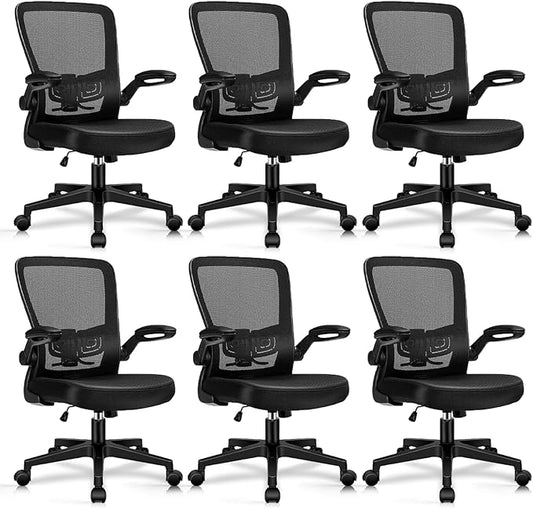 Desk Chairs with Wheels, Ergonomic Mesh Office Chair Adjustable Height and Swivel Lumbar Support Home Office Chair with Flip Up Armrests, Set of 6