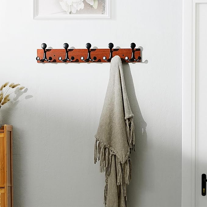 SKOLOO 24-Inch Cherry Wood Coat Rack Wall Mount with 5 Triple Hooks - Ideal for Family Entrances, Classrooms, and Pet Supplies Storage - Perfect Coat Hooks for Wall