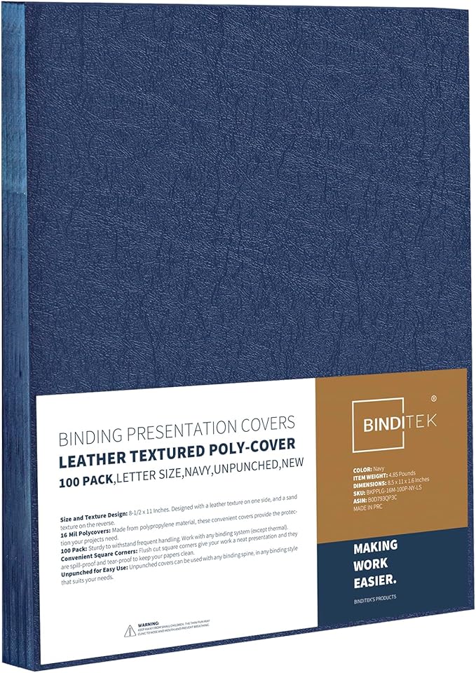 Binditek 100 Pack 16 Mil Leather-Textured Heavyduty Polycovers, Letter Size, Plastic Binding Presentation Covers, 8-1/2 x 11", Square Corners, Unpunched, Navy, Office Supplies