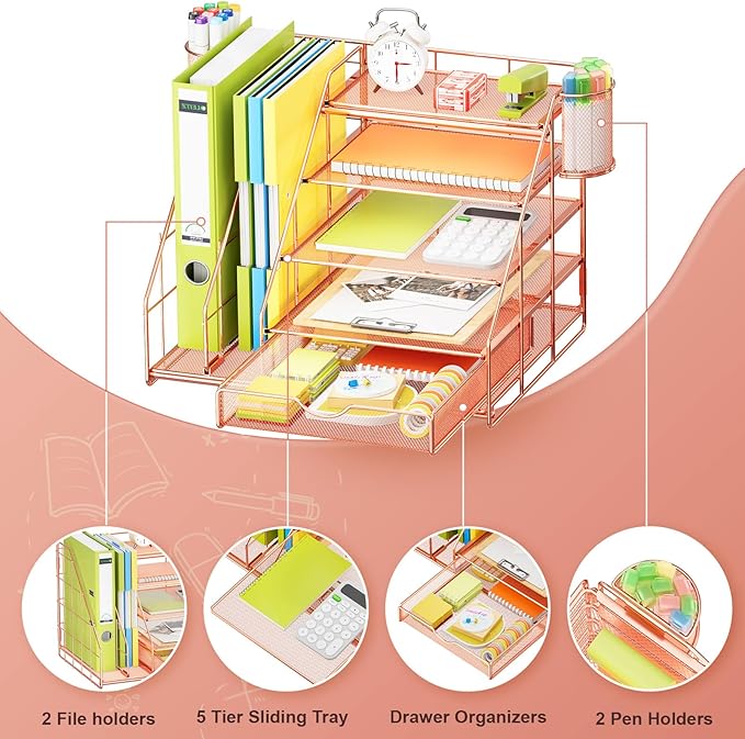 Marbrasse Desk Organizer with File Holder, 5-Tier Desk Organizers and Accessories with Drawer and 2 Pen Holder, Mesh Paper Letter Tray, Desktop Organizer and Storage for Office Supplies (Rose Gold)