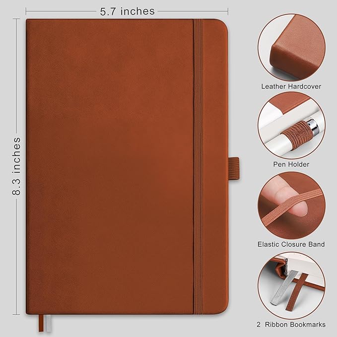 RETTACY Bullet Dotted Journal Notebook, 256 Pages, A5 Medium Size (5.7'' × 8.3''), Leather Hardcover, 120 GSM Thick Paper, for Bullet Journaling, Planning, Tracking (Brown)