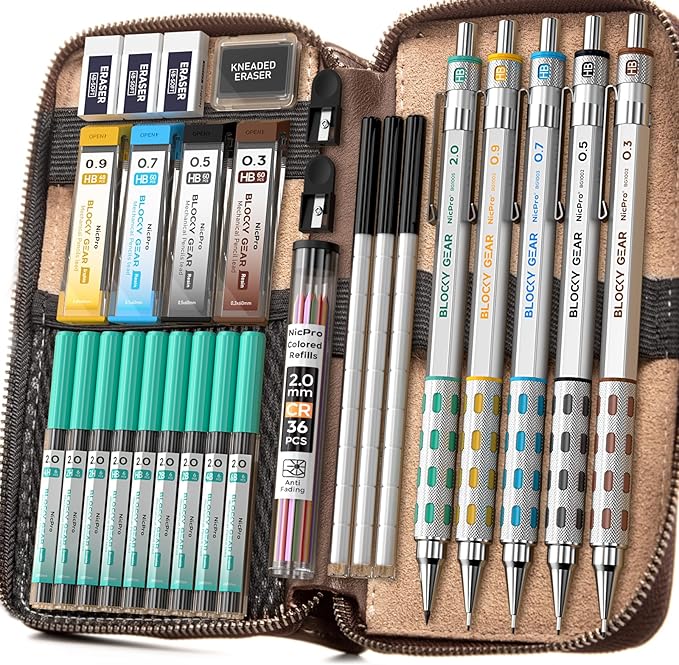 Nicpro Blocky Gear Metal Mechanical Pencil Set in Leather Case, 29PCS Art Drafting Pencils 0.3, 0.5, 0.7, 0.9&2mm Lead Pencil with 330PCS Lead (HB 2H 4H 2B 4B 6B Color) For Writing Sketching Drawing