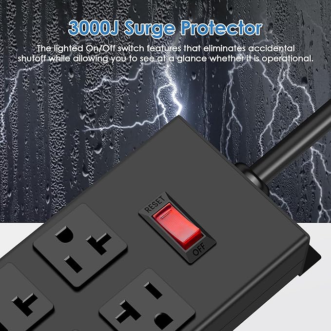 JUNNUJ 20 Amp Power Strip Heavy Duty 2 Pack, Garage 6 Outlets Metal 12 Gauge Surge Protector 3000J, High Amp 5-15P Adapter Shop 6-20R T-Slot Industrial (6AC 2-Pack, 4FT)
