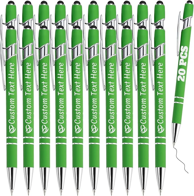 Personalized Pens Bulk 20 with Name Custom Engraving Ballpoint Pens with Stylus Tip Customized Smooth Writing Pens Personalized Gifts for Anniversary Birthday or Graduation(Light Green,Black Ink)