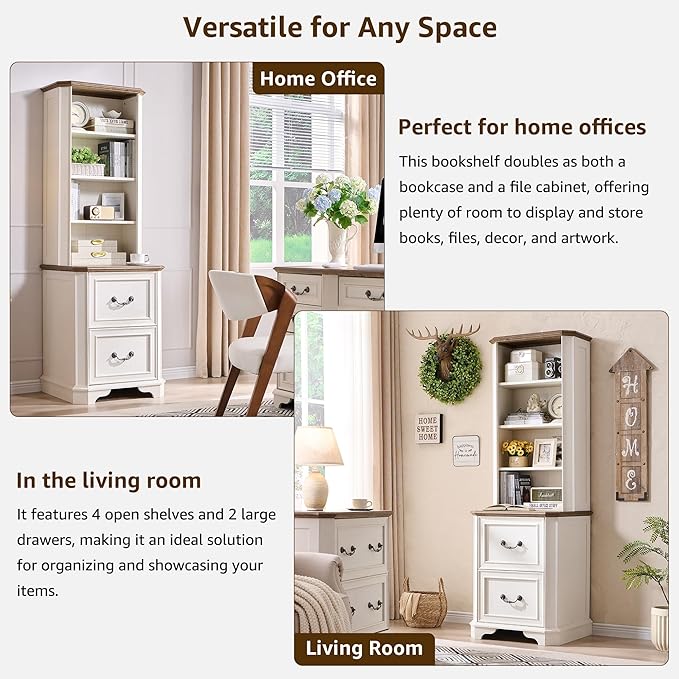 T4TREAM 6-Tier Bookcase with 2 File Drawers, 72" Tall Farmhouse Bookshelf with Storage & Adjustable Shelves, Wooden Floor Standing Display Book Shelf Organizer for Home Office, Antique White