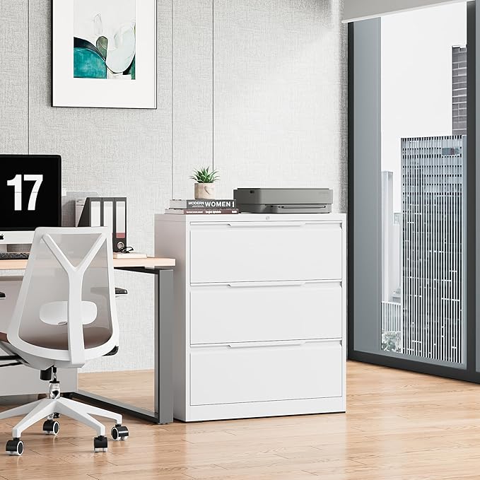 Bestoo Lateral File Cabinet with Lock, 3 Drawer Lateral Filing Cabinet for Office Home, Locking Metal Steel Wide for Hanging Files Letter/Legal/F4/A4 Size, Easy Assemble White