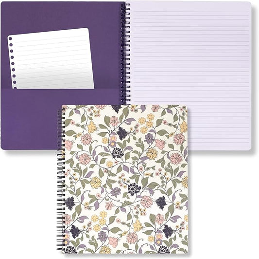 Steel Mill & Co Cute Floral Large Spiral Notebook College Ruled, 11" x 9.5" with Durable Hardcover and 160 Lined Pages, Purple Vine Ditsy