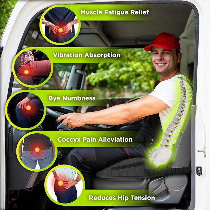 XL Truck Seat Cushion for Truck Driver Seat Cushion - Upgraded Back Support, CertiPUR-US® Certified - Thick Memory Foam, Pain Relief for Hours of Driving, Trucker Approved Big Rig - Black