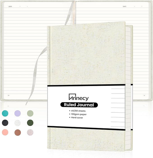 Annecy Lined Journal Notebook, Hardcover Numbered College Ruled Journal, Medium 5.5x 8.25, 160 Pages 100GSM Writing Paper, Beige