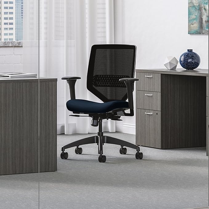 HON Solve Task Chair, Ergonomic Office Chair Mesh Back Support, Adjustable Lumbar, with Wheels, Height-Adjustable Arms, for Computers, Desks, Home Office, Blue