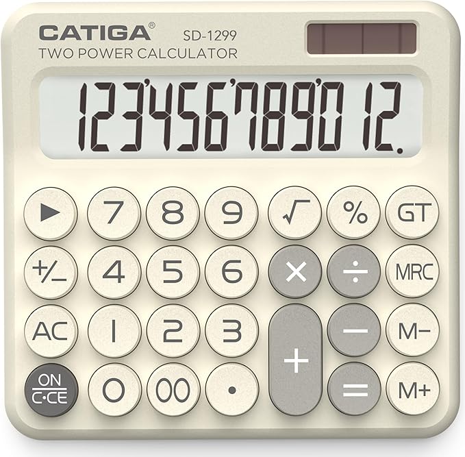 CATIGA Mechanical Switch Calculator with Solar and Battery Dual Power, 12-Digit Large LCD Display, Aesthetic and Cute Desktop Calculator with Big Button, for Home, School and Office Use, SD-1299