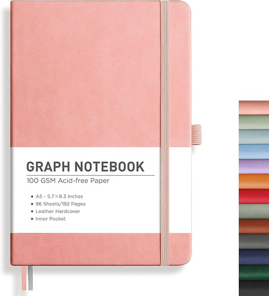 RETTACY Graph Grid Paper Notebook, 192 Pages, A5 Medium Size (5.7'' x 8.3''), 5 Squares per Inch, Leather Hardcover, 100 GSM Thick Paper, for School, Students, Math, Engineering (Pink)