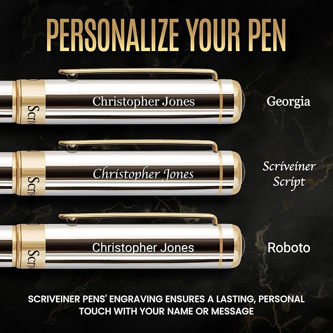 Scriveiner Personalized Silver Chrome Rollerball Pen - Stunning Luxury Pen, Real Gold Plating, Schmidt Ink Refill, Best Engraved Roller Ball Gift Set for Men & Women, Custom Name Engraving