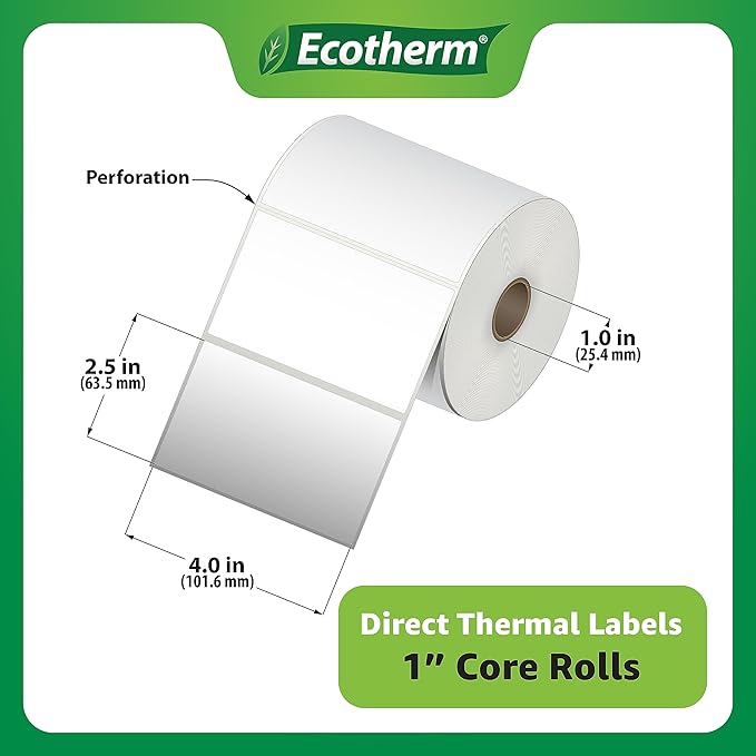 4" x 2.5" Thermal Labels | 4 Rolls | 2400 Labels | fits Zebra, Munbyn, Rollo, Godex, Arkscan, iDPRT, Offnova Thermal Label Printers and More | Blank White Adhesive Stickers by Ecotherm