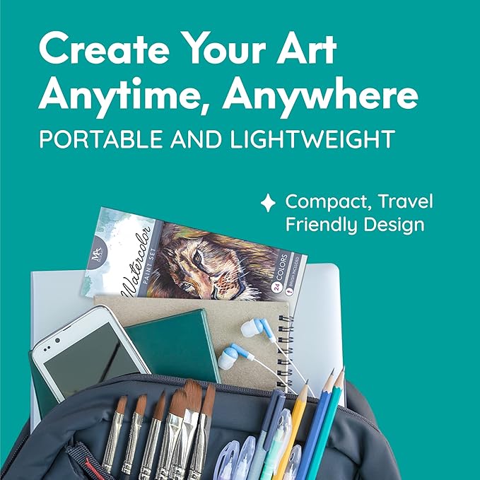 MozArt Supplies Watercolor Paint Essentials Set - Lightweight and Portable Metal Box - Lid Has 3 Partitions for Color Mixing - Easy-to-Blend Non-Toxic Formulation - 24 Vibrant Colors with Paintbrush