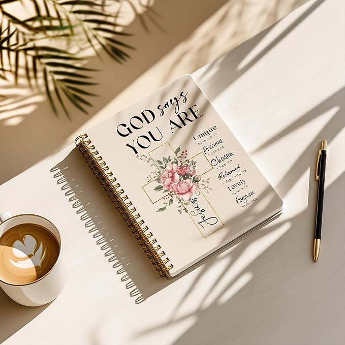 Bible Notebook, A5 Spiral Christian Journal with Floral Pink Butterfly Notebook, Bible Verse-God Says You Are, Inspirational Notebooks for Women, Bible Study, Gift for Birthday Christmas