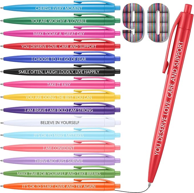 90 Pcs Ballpoint Pen Quotes Black Gel Ink Pens Bulk for Coworkers Retractable Rolling Ballpoint Pens for Party Favors Back to School Gift Supplie (Mental Health Style)