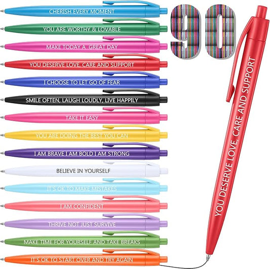 90 Pcs Ballpoint Pen Quotes Black Gel Ink Pens Bulk for Coworkers Retractable Rolling Ballpoint Pens for Party Favors Back to School Gift Supplie (Mental Health Style)