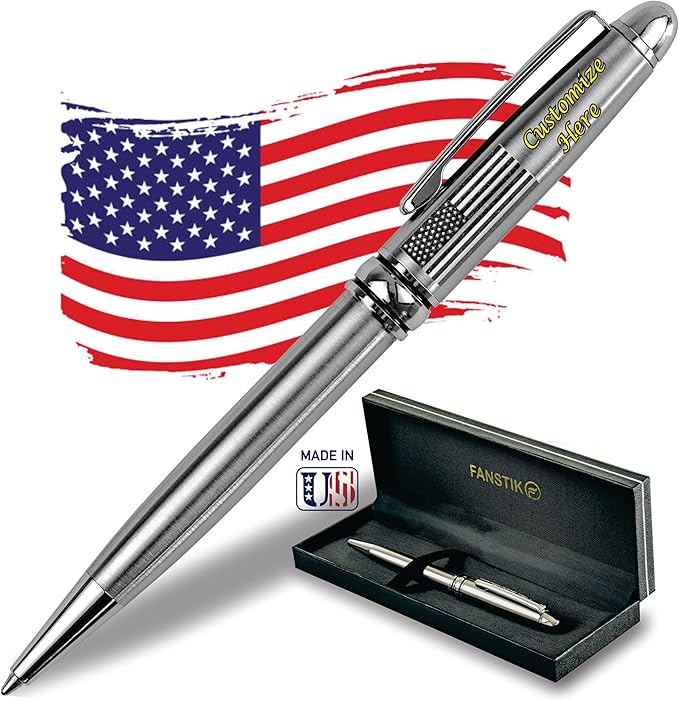 Customized BallPoint pen with name and US Flag (MADE IN USA), stainless steel, silver, luxury engraved pen personalized for men and for women. (BallPoint US-Flag)