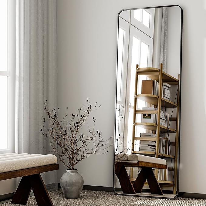 HARRITPURE 56" x 21" Rounded Full Length Mirror Aluminum Frame Black Mirror Full Length Floor Mirror with Stand for Living Room Bedroom Cloakroom