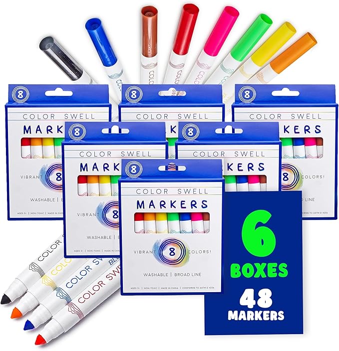 Color Swell Washable Markers 6 Boxes of 8 Vibrant Colors Perfect for Kids, Teachers, Adults, Parties, and Families…