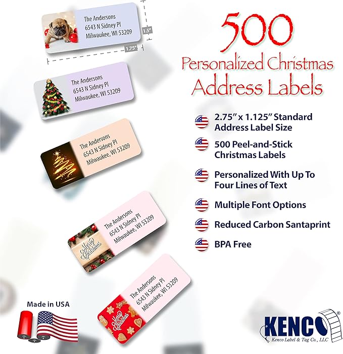 Customized Personalized Address Labels - Made in The USA by Kenco (500 Labels, Christmas)