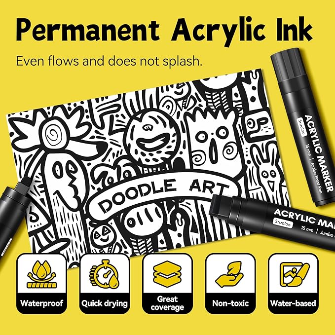 3 Jumbo Permanent Markers White, 15mm Thick Wide Tip, Large Acrylic Paint Markers for Rock Painting, Poster, Stone, Ceramic, Glass, Wood, Canvas
