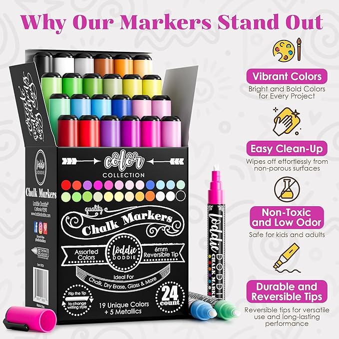 Loddie Doddie Liquid Chalk Markers (24-Pack) - Dust-Free Erasable Pens for Windows, Glass, Chalkboard & Blackboard - 6mm Reversible Bullet & Chisel Tip