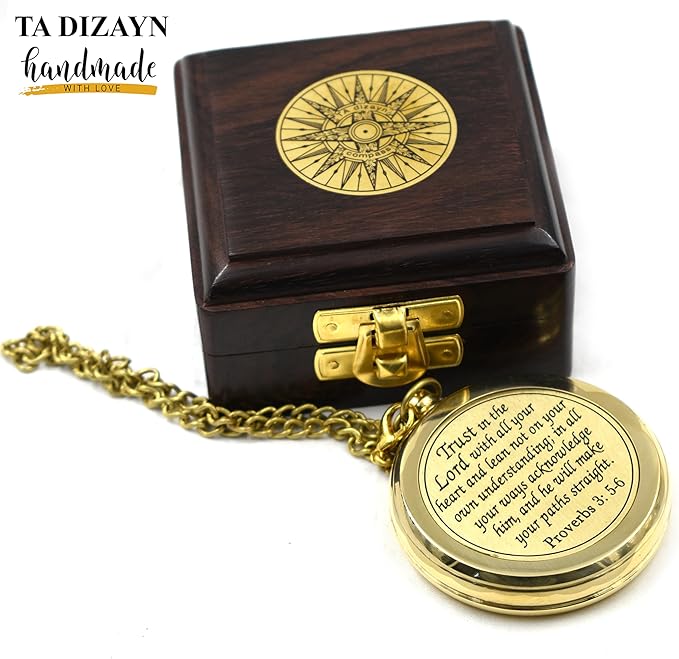 Trust in The Lord With All Your Heart - Proverbs 3:5-6 Quote Engraved Compass With Wooden Box, Greeting Card, Gift Compass, Graduation Day Gifts 2024 for Women Men Boys Girls