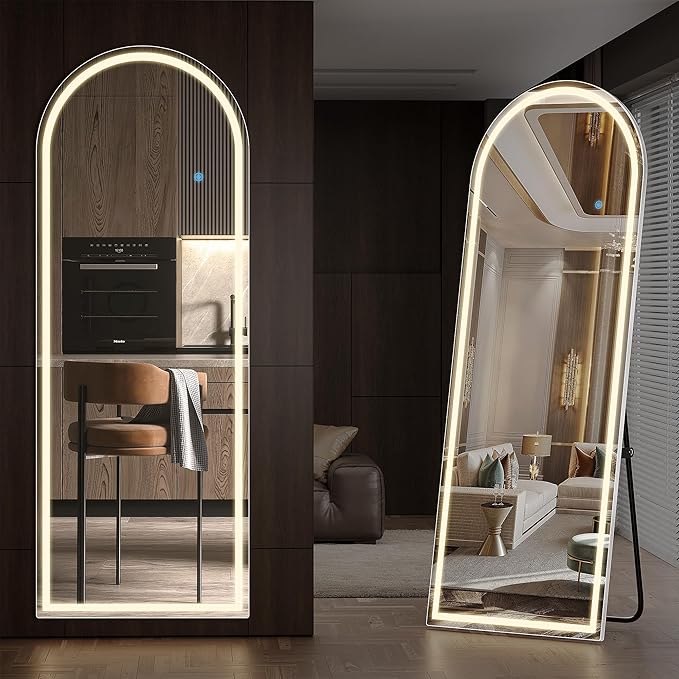 71" x 26" Arched Full Length Mirror with LED Lights, Floor Mirror with Stand, Full Length Body Floor Mirrors, Wall Mounted Mirrors for Bedroom Dimmable Tempered Glass