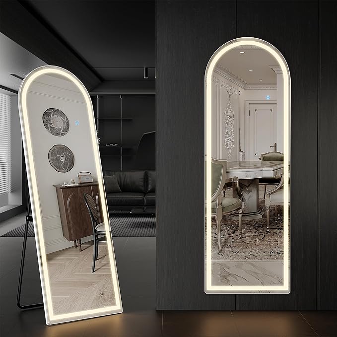 Arched Full Length Mirror with LED Lights, 60"x16" Floor Length Mirror with Stand, Body Floor Mirrors with Dimming & 3 Color Lighting, LED Mirrors for Bedroom, Dressing Room, Cloakroom