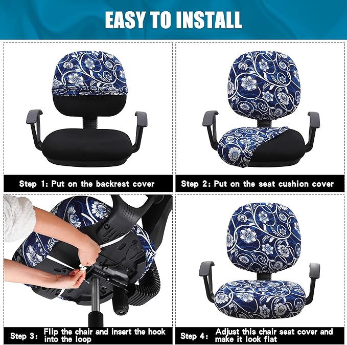 Smiry Stretch Printed Office Computer Chair Covers, Universal Washable Removable Desk Rotating Chair Slipcovers Protector, Seat + Backrest Cover - Navy Blue