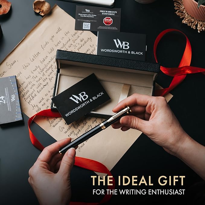 Wordsworth & Black Fountain Pen Set, 18K Gilded Fine Nib, Includes 24 Pack Ink Cartridges, Ink Refill Converter & Gift Box, Gold Finish, Calligraphy, [Black Gold], Perfect for Men & Women