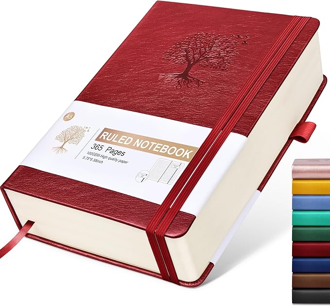 Lined Journal Notebook -365 Pages A5 Thick Journals for Writing Ruled Notebook, Hardcover Leather Journal for Women Men, Daily Notebook for Work, Note Taking, 100Gsm Lined Paper(5.7'' X 8.3'' Wine)