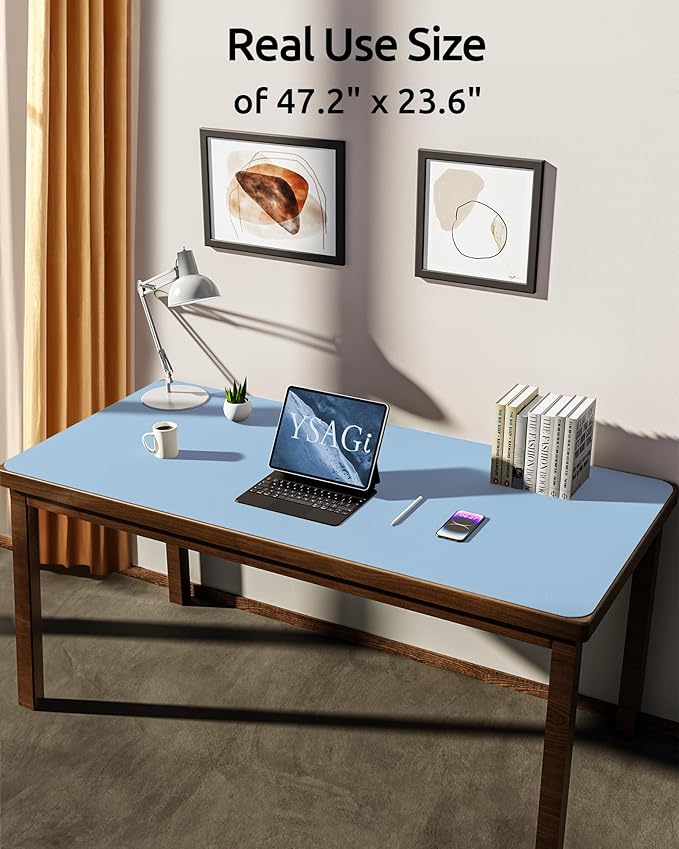 YSAGi Leather Desk Protector, Office Mat, Large Mouse Mat, Non-Slip PU Leather Blotter, Laptop Pad, Waterproof Writing Pad for Office and Home (Baby Blue, 47.2" x 23.6")