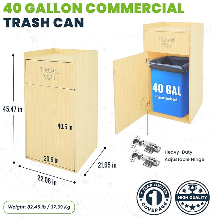 Alpine Restaurant Trash Can Cabinet with Tray Holder - Thank You Trash Can, Commercial 40 Gallon Garbage Can Cabinet for Restaurants, Cafeterias (Oak)