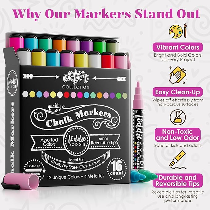 Loddie Doddie Chalk Markers - Pack of 16, 6mm Reversible Bullet & Chisel Tips - Non-Toxic Dust-Free Erasable Liquid Chalk Ink - Dry Erase Markers for Glass, Windows & Whiteboards