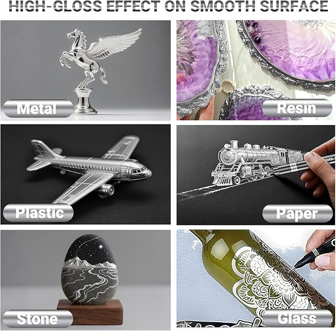 3Pcs Silver Liquid Mirror Chrome Markers, Permanent Reflective Metallic Chrome Paint Pen, High Gloss Car DIY Model Painting, Touch Up Repair Kit for Plastic Metal Glass Resins