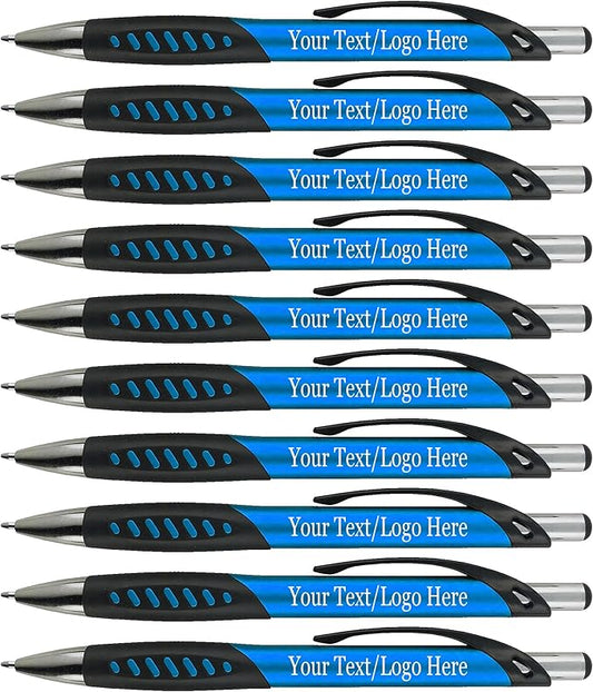 SyPen Promotional Pens With your Custom Logo or Text-300 Pack Bulk-for Businesses, Parties, and Events, Custom Printed Metallic/Colored Click Action Ballpoint Pens, Rubber Grip, Black Ink, Light Blue
