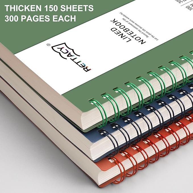 RETTACY Spiral College Ruled Notebook, 300 Pages, A4 Large Size (8.2" x 11.2"), for School, Work, Writing, Journaling, 100 GSM Thick Paper, Flexible Plastic Cover (Dark Green)
