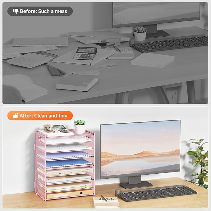 Subekyu 9 Tier Paper Letter File Tray Organizer for Desk, Pink Large Mesh Desk Folder Sorter Organizer with Handle, Include 6 Pcs Adjustable Height Slid Tray for Office Home School Supplies Storage