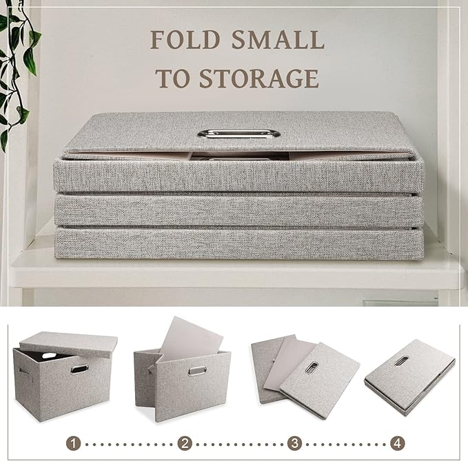 Medium 15" 21 Quart Collapsible Stackable Storage Bins with Lids, 5 Packs Beige Foldable Fabric Closet Boxes Heavy-duty Lidded Linen Cube Baskets Container Organizers and Storage
