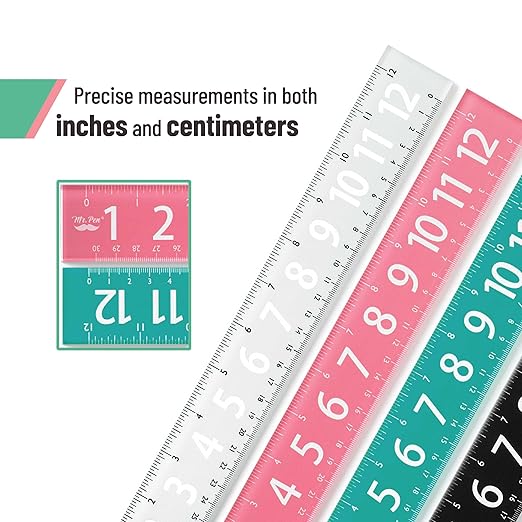 Mr. Pen- Plastic Rulers with Large Numbers, 12-Inch, 4 Pack, Metric & Imperial, Colorful Rulers for Kids, Ruler 12 Inch, Metric Ruler, mm Ruler, Rulers 12 Inch Ruler, Rulers for Kids